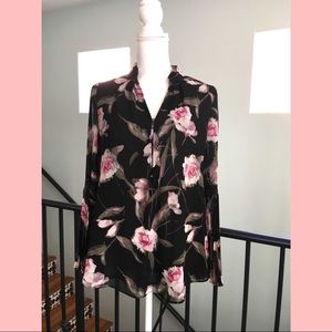 White House Black Market Black Floral Print Blouse With Bell Sleeves Size 12P